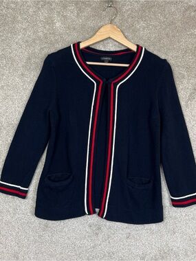 Talbots Cardigan Womens Small Blue Red Cotton Front Hook Pockets- 4901